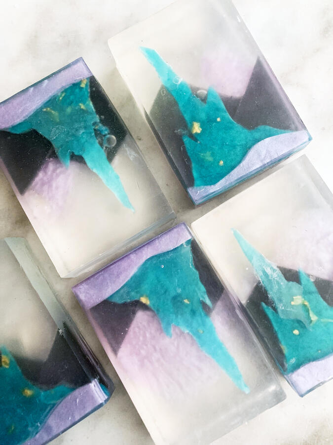 Crystal Tower/Lakeland (FFXIV) Soap Bars, hand-cut pieces in soap. Features 24k gold flakes.