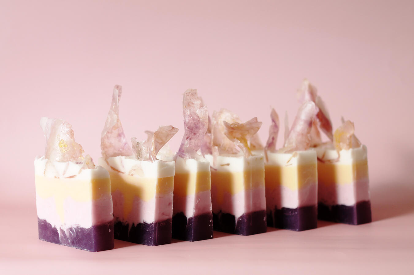 Soap bars made of goat milk topped with hand-painted soap flakes. Released May 2025.