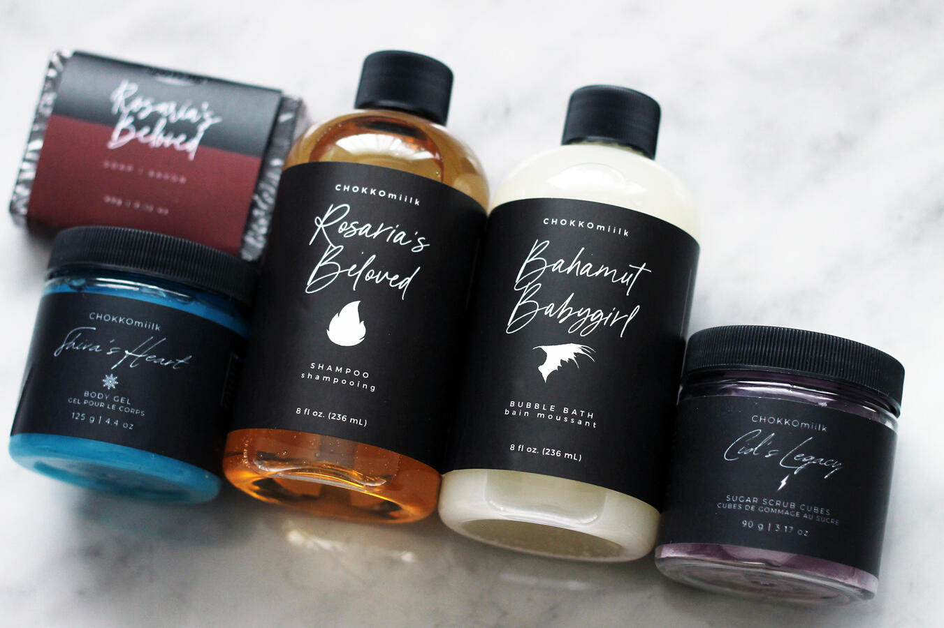 Collection inspired by Final Fantasy XVI, released 2023. Consists of: Clive Soap, Clive Shampoo, Dion Bubble Bath, Shiva Body Gel, Cid Sugar Scrub crowns.