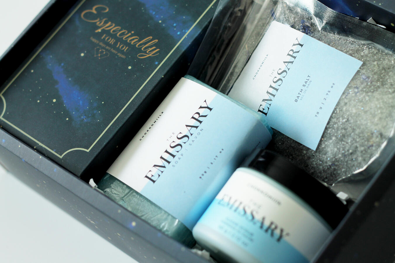 Holiday 2023 set, consisting of Soap bar, bath salt, body scrub. (Bubble bath Not pictured, in box)