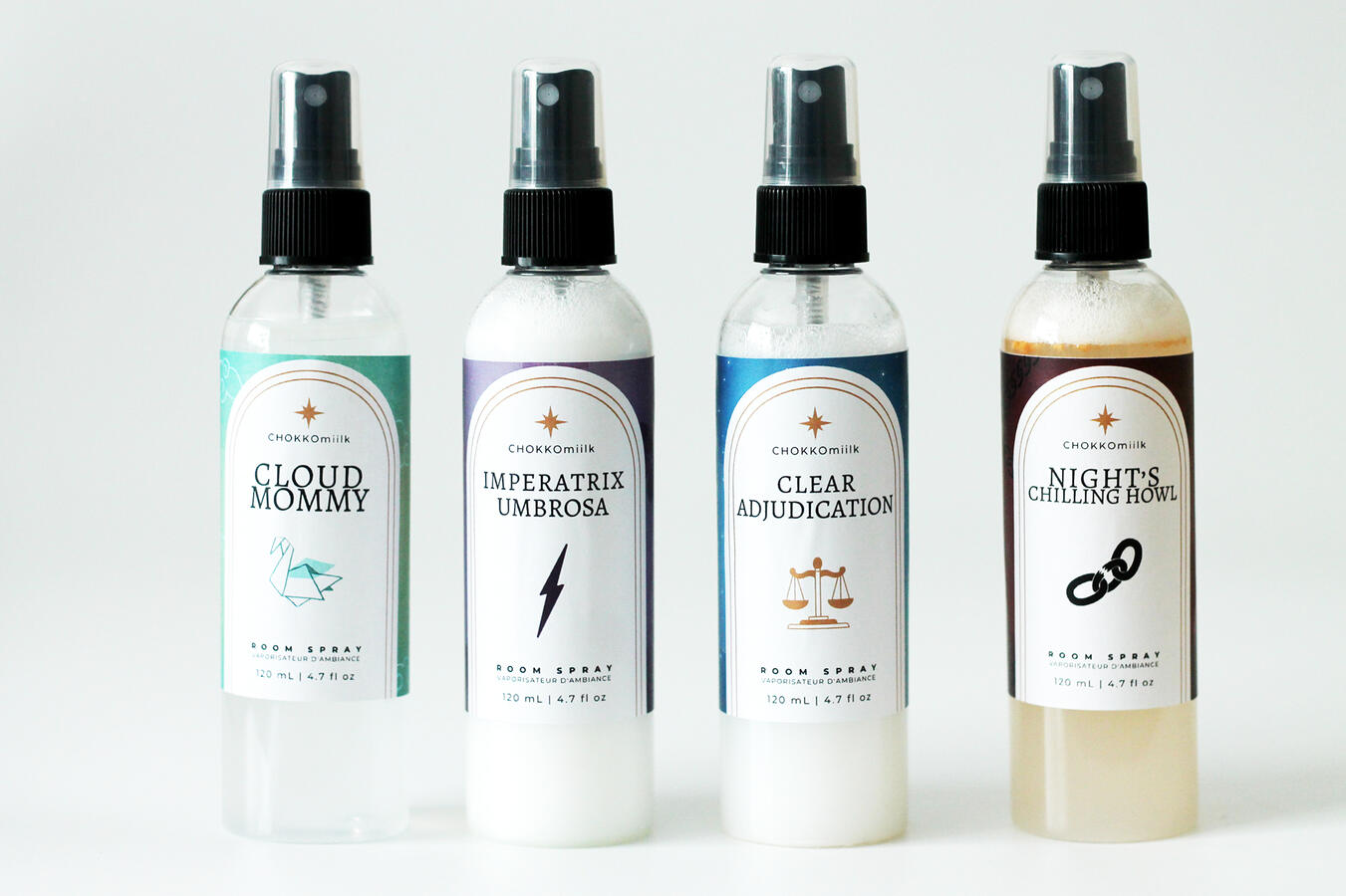 Set of 4 Genshin Impact-inspired room sprays: Xianyun, Raiden Shogun, Neuvilette, and Wriothesley. Released March 2024.
